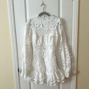 Showpo. Long Puff Sleeve Dress in White Lace NWT
